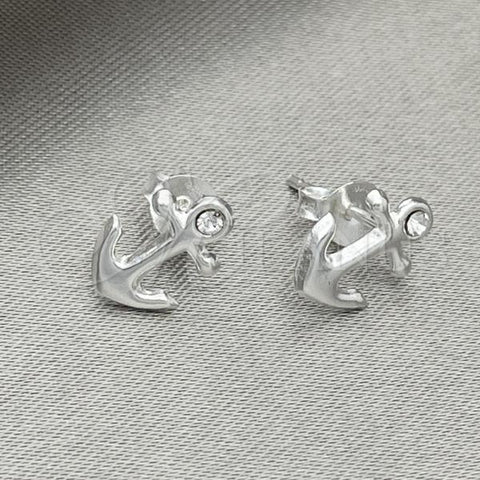 Sterling Silver Stud Earring, Anchor Design, with White Crystal, Polished, Silver Finish, 02.406.0024