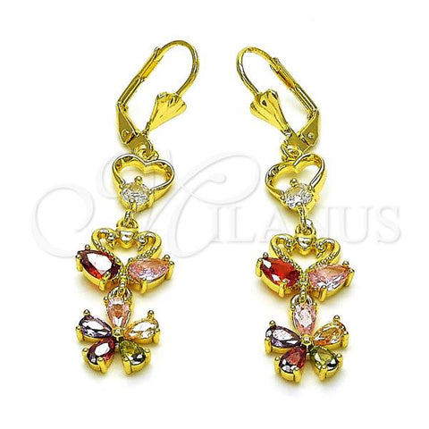 Oro Laminado Long Earring, Gold Filled Style Swan and Heart Design, with Multicolor Cubic Zirconia, Polished, Golden Finish, 02.387.0115.1