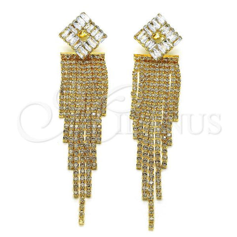 Oro Laminado Long Earring, Gold Filled Style Baguette Design, with White Cubic Zirconia and White Crystal, Polished, Golden Finish, 02.268.0124