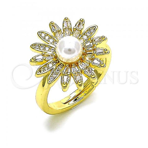 Oro Laminado Multi Stone Ring, Gold Filled Style Flower Design, with Ivory Pearl and White Cubic Zirconia, Polished, Golden Finish, 01.341.0088