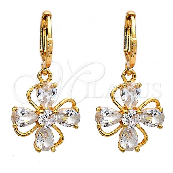 Oro Laminado Dangle Earring, Gold Filled Style Flower and Teardrop Design, with White Cubic Zirconia, Polished, Golden Finish, 02.217.0054