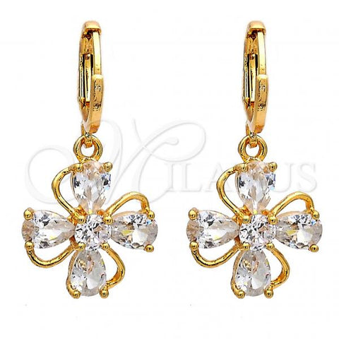 Oro Laminado Dangle Earring, Gold Filled Style Flower and Teardrop Design, with White Cubic Zirconia, Polished, Golden Finish, 02.217.0054