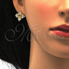 Oro Laminado Earring and Pendant Adult Set, Gold Filled Style Flower Design, with Coffee Crystal, Polished, Golden Finish, 10.160.0098