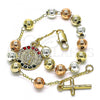 Oro Laminado Charm Bracelet, Gold Filled Style Guadalupe and Crucifix Design, with Multicolor Crystal, Polished, Tricolor, 03.351.0154.08