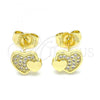 Oro Laminado Stud Earring, Gold Filled Style Heart Design, with White Micro Pave, Polished, Golden Finish, 02.199.0036