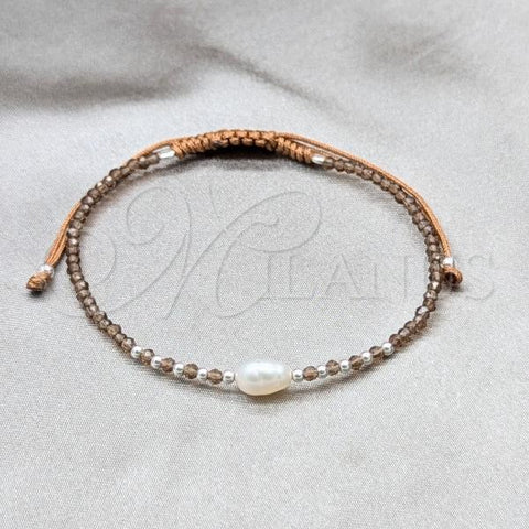 Sterling Silver Adjustable Bolo Bracelet, Ball Design, with White Pearl and Light Brown Crystal, Silver Finish, 03.426.0064.1.07