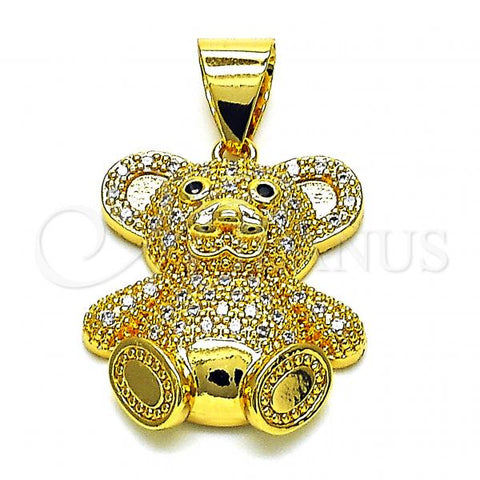 Oro Laminado Fancy Pendant, Gold Filled Style Teddy Bear Design, with White and Black Micro Pave, Polished, Golden Finish, 05.342.0151