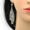 Oro Laminado Dangle Earring, Gold Filled Style Leaf and Flower Design, with White Crystal, Polished, Golden Finish, 64.008