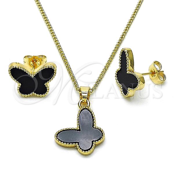 Oro Laminado Earring and Pendant Adult Set, Gold Filled Style Butterfly Design, with Black Mother of Pearl, Polished, Golden Finish, 10.283.0020