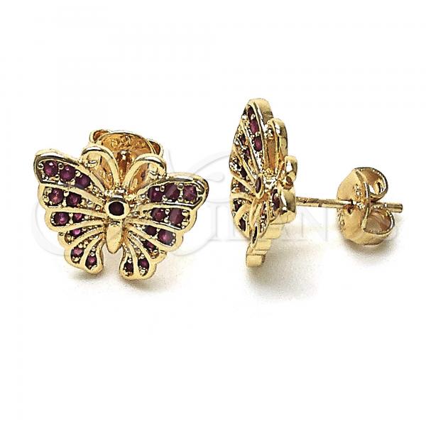 Oro Laminado Stud Earring, Gold Filled Style Butterfly Design, with Ruby Micro Pave, Polished, Golden Finish, 02.26.0289.2