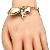 Oro Laminado Charm Bracelet, Gold Filled Style Heart and Love Design, Polished, Golden Finish, 5.004.011.08