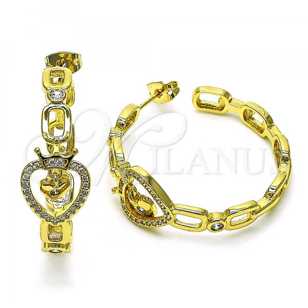 Oro Laminado Stud Earring, Gold Filled Style Heart and Crown Design, with White Micro Pave and White Cubic Zirconia, Polished, Golden Finish, 02.341.0124