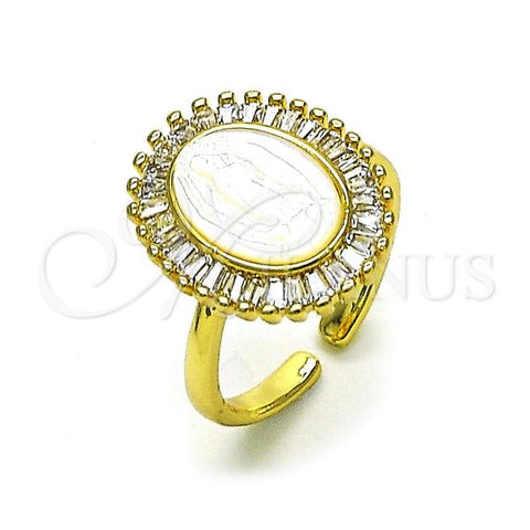Oro Laminado Multi Stone Ring, Gold Filled Style Guadalupe and Baguette Design, with Ivory Mother of Pearl and White Cubic Zirconia, Polished, Golden Finish, 01.341.0115