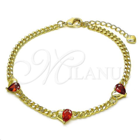 Oro Laminado Fancy Bracelet, Gold Filled Style Heart Design, with Garnet Cubic Zirconia, Polished, Golden Finish, 03.213.0248.08