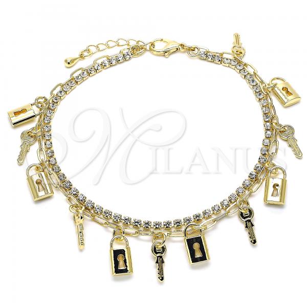 Oro Laminado Charm Anklet , Gold Filled Style key and Lock Design, with White Crystal, Polished, Golden Finish, 03.372.0011.10