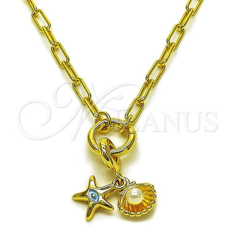 Oro Laminado Fancy Necklace, Gold Filled Style Paperclip and Shell Design, with Ivory Pearl, Polished, Golden Finish, 04.341.0246.20