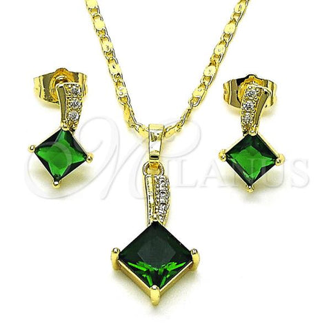 Oro Laminado Earring and Pendant Adult Set, Gold Filled Style with White Micro Pave and Green Cubic Zirconia, Polished, Golden Finish, 10.196.0129.2