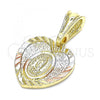 Oro Laminado Religious Pendant, Gold Filled Style Guadalupe and Heart Design, Polished, Tricolor, 05.351.0209