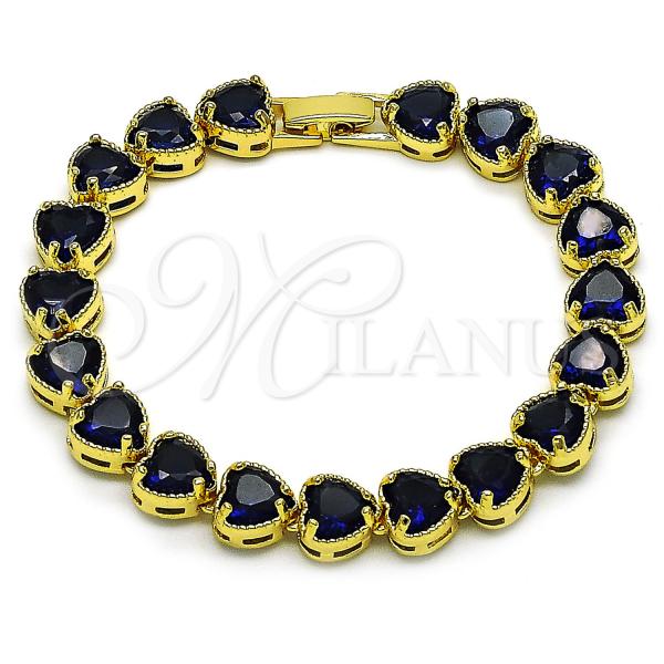 Oro Laminado Tennis Bracelet, Gold Filled Style Heart Design, with Sapphire Blue Cubic Zirconia, Polished, Golden Finish, 03.424.0003.2.07