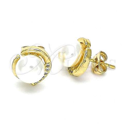 Oro Laminado Stud Earring, Gold Filled Style with Ivory Pearl and White Micro Pave, Polished, Golden Finish, 02.342.0150