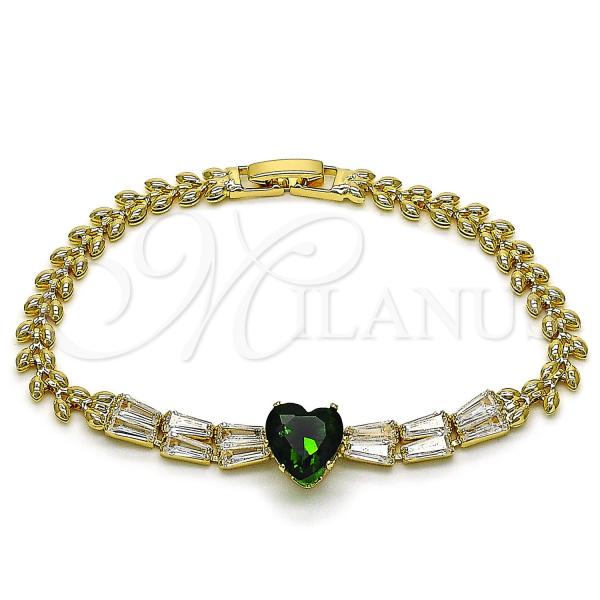 Oro Laminado Fancy Bracelet, Gold Filled Style Heart and Baguette Design, with White and Green Cubic Zirconia, Polished, Golden Finish, 03.283.0304.4.07