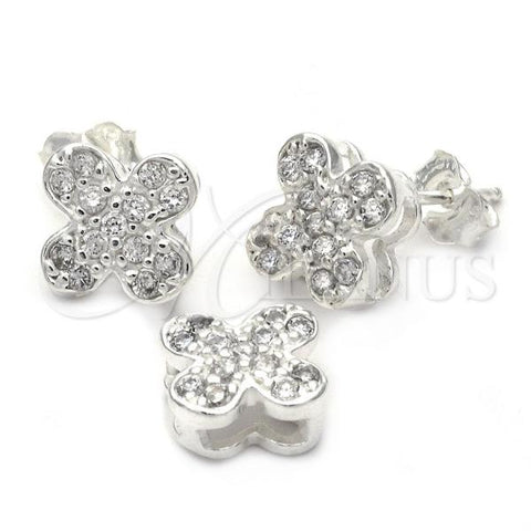 Sterling Silver Earring and Pendant Adult Set, Flower Design, with White Cubic Zirconia, Silver Finish, 10.166.0013