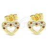 Oro Laminado Stud Earring, Gold Filled Style Heart Design, with Garnet and White Micro Pave, Polished, Golden Finish, 02.156.0513.1