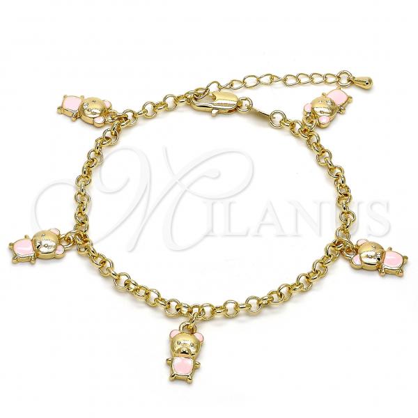 Oro Laminado Charm Bracelet, Gold Filled Style Teddy Bear and Rolo Design, Pink Enamel Finish, Golden Finish, 03.63.1359.07