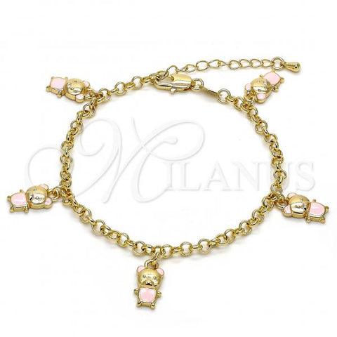 Oro Laminado Charm Bracelet, Gold Filled Style Teddy Bear and Rolo Design, Pink Enamel Finish, Golden Finish, 03.63.1359.07