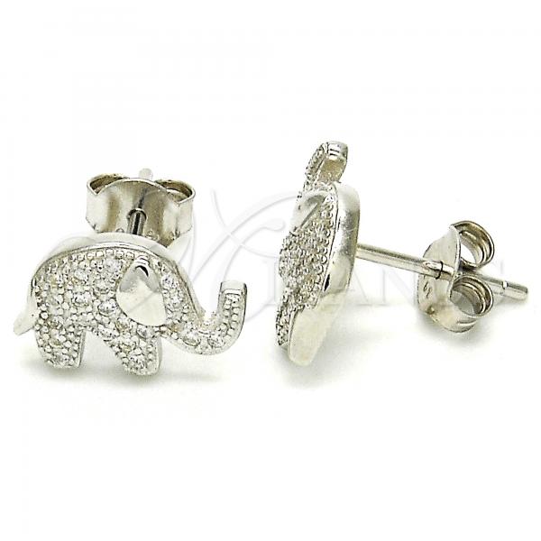 Sterling Silver Stud Earring, Elephant Design, with White Micro Pave, Polished, Rhodium Finish, 02.336.0097