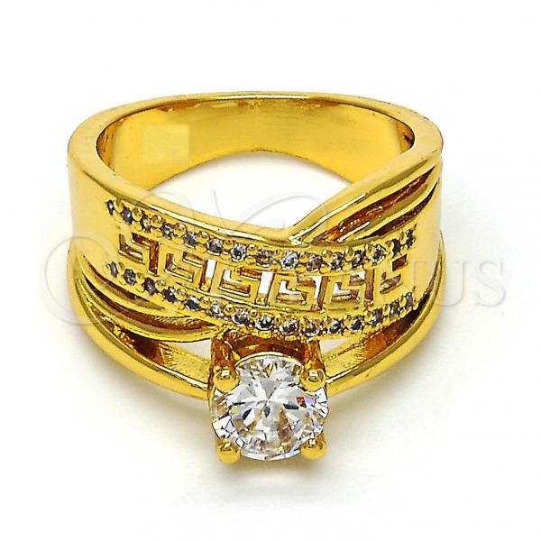 Oro Laminado Multi Stone Ring, Gold Filled Style Greek Key Design, with White Cubic Zirconia, Polished, Golden Finish, 01.118.0070.06 (Size 6)