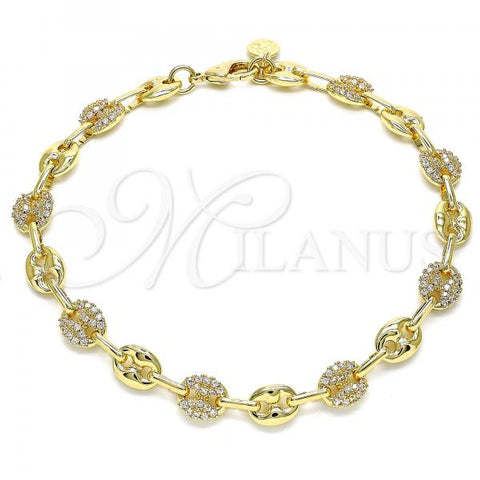 Oro Laminado Fancy Anklet, Gold Filled Style Puff Mariner Design, with White Micro Pave, Polished, Golden Finish, 04.63.1407.10