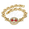 Oro Laminado Fancy Bracelet, Gold Filled Style Flower Design, with Ruby and White Cubic Zirconia, Polished, Golden Finish, 03.210.0044.4.08
