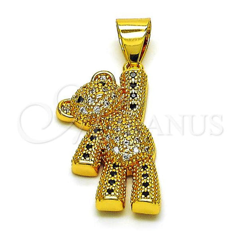 Oro Laminado Fancy Pendant, Gold Filled Style Teddy Bear Design, with White and Black Micro Pave, Polished, Golden Finish, 05.342.0170