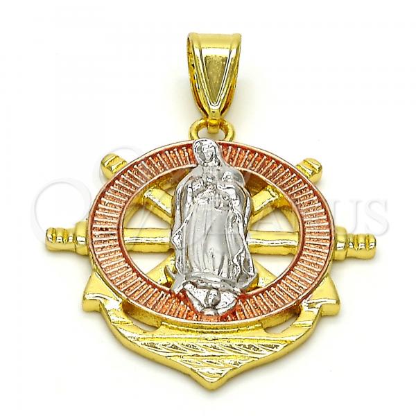 Oro Laminado Religious Pendant, Gold Filled Style Guadalupe and Anchor Design, Polished, Tricolor, 05.253.0002