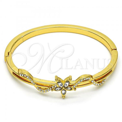 Oro Laminado Individual Bangle, Gold Filled Style Flower Design, with White Crystal, Polished, Golden Finish, 07.252.0037.04 (04 MM Thickness, Size 4 - 2.25 Diameter)