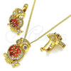 Oro Laminado Earring and Pendant Adult Set, Gold Filled Style Owl Design, with Garnet Cubic Zirconia and White Micro Pave, Polished, Golden Finish, 10.210.0138.1