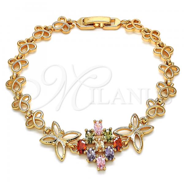 Oro Laminado Fancy Bracelet, Gold Filled Style Butterfly Design, with Multicolor Cubic Zirconia, Polished, Golden Finish, 03.323.0002.07