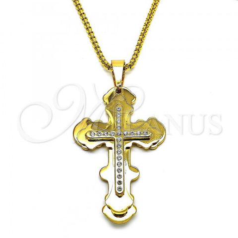 Stainless Steel Pendant Necklace, Cross Design, with White Cubic Zirconia, Polished, Golden Finish, 04.116.0059.1.30