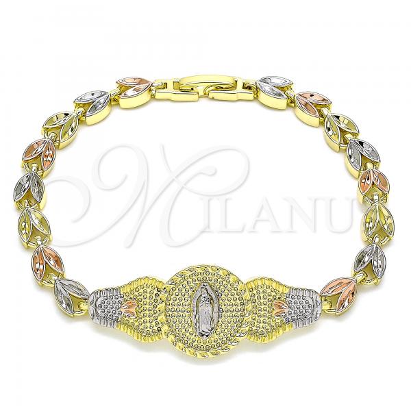 Oro Laminado Fancy Bracelet, Gold Filled Style Guadalupe and Leaf Design, Polished, Tricolor, 03.253.0051.07