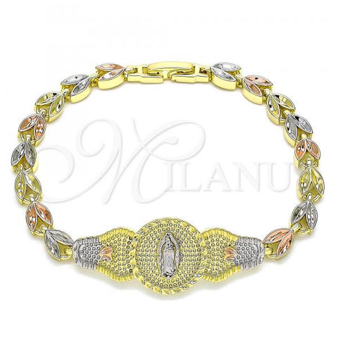 Oro Laminado Fancy Bracelet, Gold Filled Style Guadalupe and Leaf Design, Polished, Tricolor, 03.253.0051.07