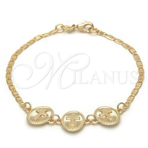 Oro Laminado Fancy Bracelet, Gold Filled Style Cross and Mariner Design, Polished, Golden Finish, 03.32.0132.07