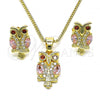 Oro Laminado Earring and Pendant Adult Set, Gold Filled Style Owl Design, with Pink and Garnet Cubic Zirconia, Polished, Golden Finish, 10.210.0123.4