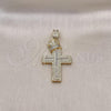 Oro Laminado Religious Pendant, Gold Filled Style Cross and Crown Design, with White Cubic Zirconia and White Micro Pave, Polished, Golden Finish, 05.253.0178