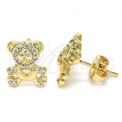 Oro Laminado Stud Earring, Gold Filled Style Teddy Bear Design, with White Cubic Zirconia, Polished, Golden Finish, 02.233.0003