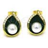 Oro Laminado Stud Earring, Gold Filled Style Teardrop Design, with Ivory Pearl, Green Enamel Finish, Golden Finish, 02.379.0027.1