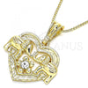 Oro Laminado Pendant Necklace, Gold Filled Style Heart and Elephant Design, with White Crystal, Polished, Golden Finish, 04.351.0020.1.20