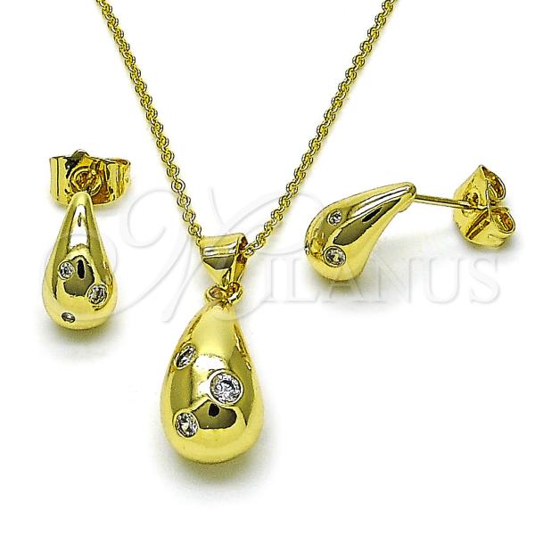 Oro Laminado Earring and Pendant Adult Set, Gold Filled Style Teardrop Design, with White Cubic Zirconia, Polished, Golden Finish, 10.156.0502