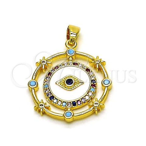 Oro Laminado Fancy Pendant, Gold Filled Style Evil Eye Design, with Multicolor Micro Pave and Sapphire Blue Cubic Zirconia, White Enamel Finish, Golden Finish, 05.411.0019
