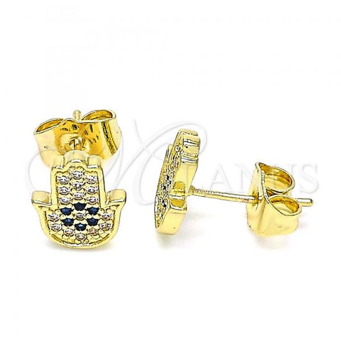 Oro Laminado Stud Earring, Gold Filled Style Hand of God Design, with Sapphire Blue and White Micro Pave, Polished, Golden Finish, 02.156.0558